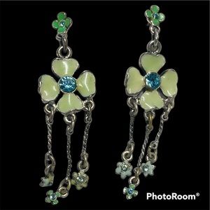 EARRINGS Four leave clover,  silver enamel and crystals